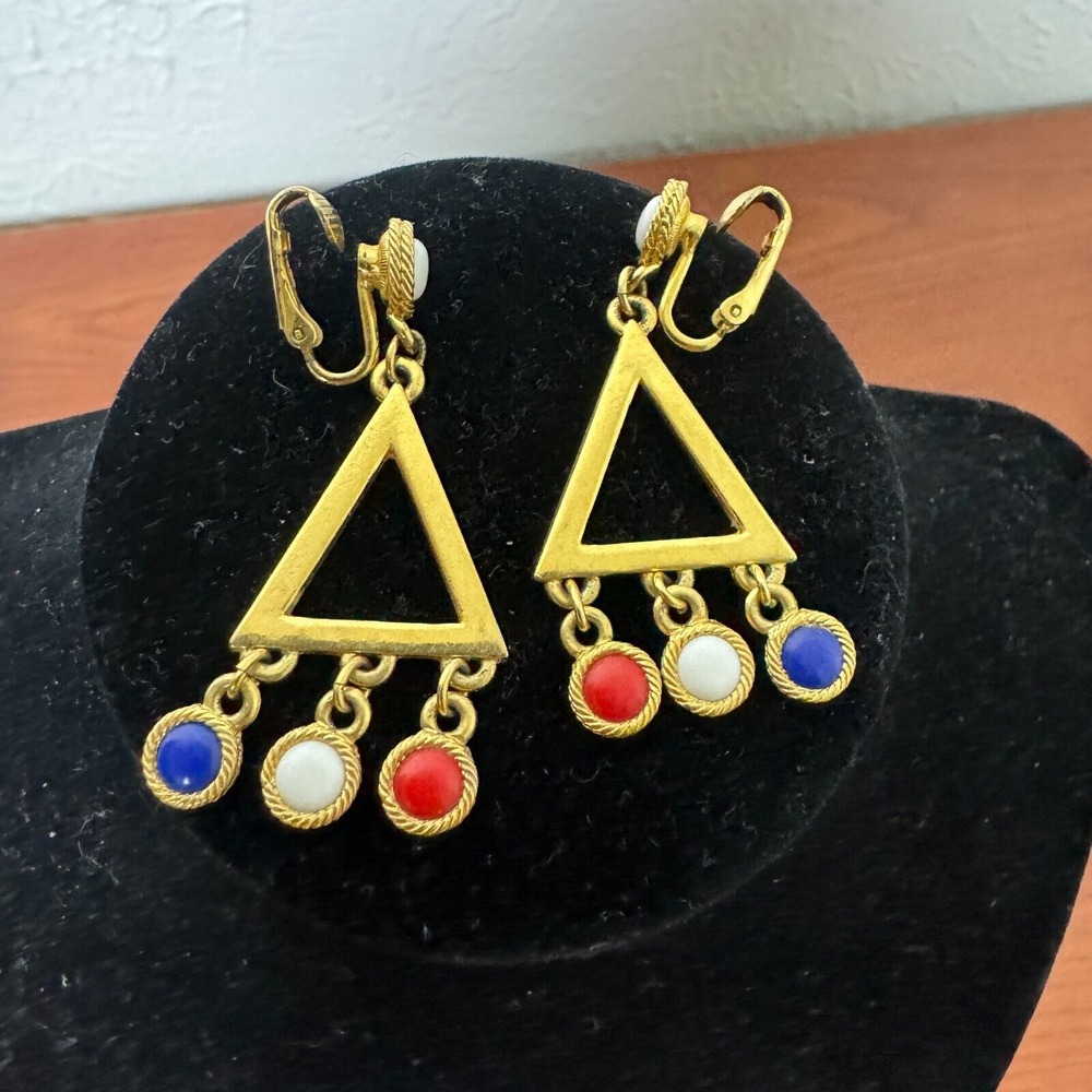 Vintage Patriotic Gold Tone‎ Clip On Earrings Red White Blue Enamel Dangle USA